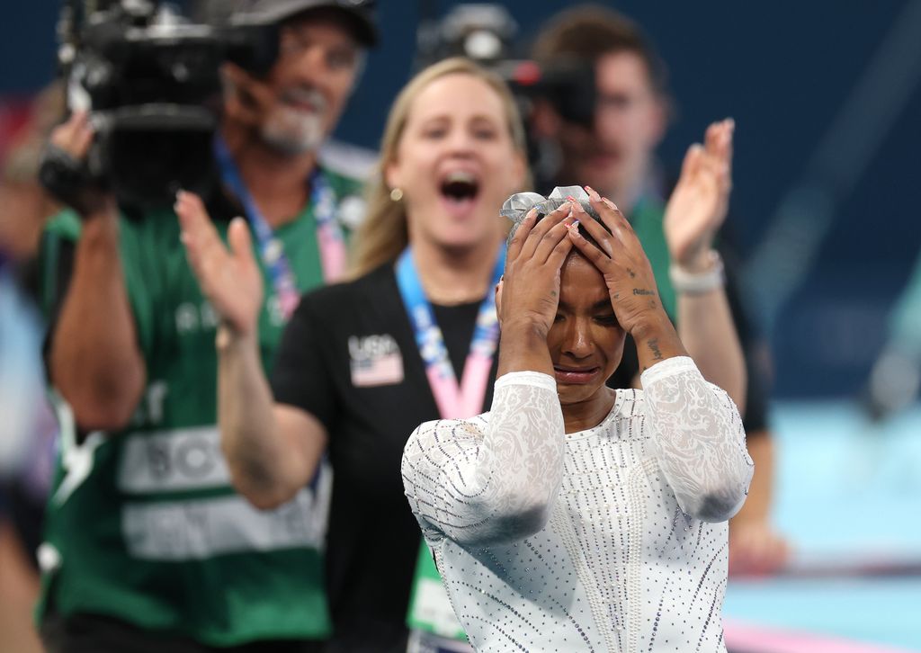 Jordan Chiles of Team United States celebrates winning the bronze medal after competing in the Artistic Gymnastics Women's Floor Exercise Final