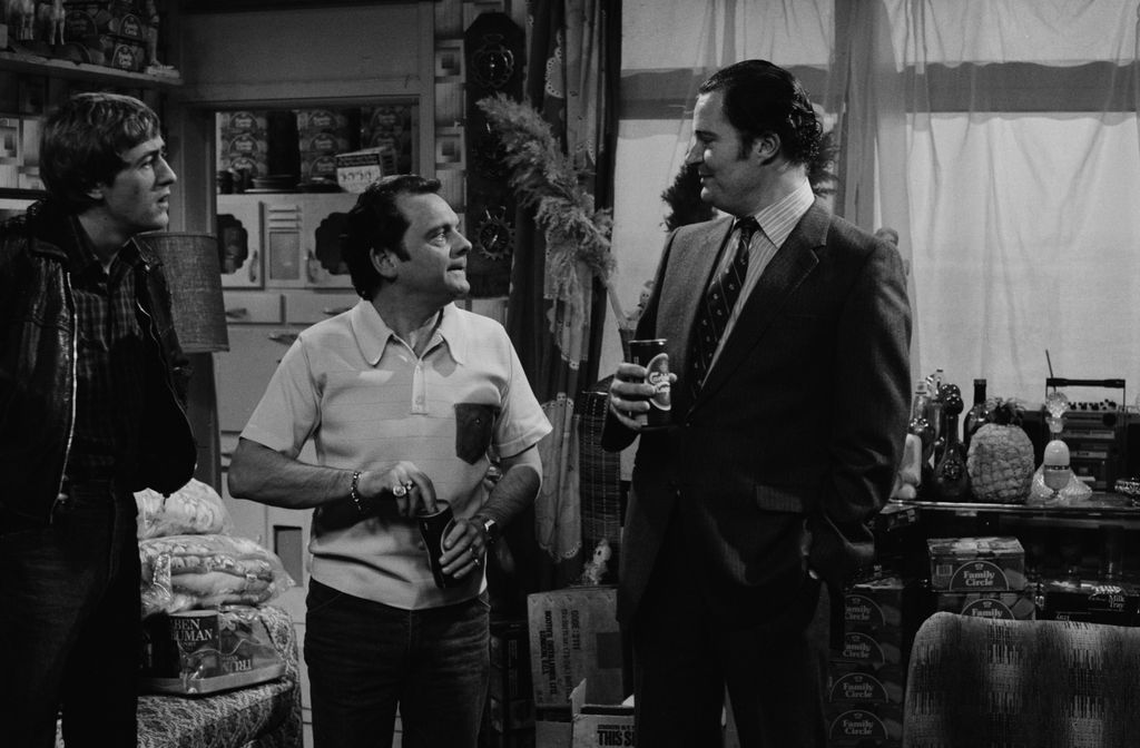 Black-and-white image of Nicholas Lyndhurst, David Jason and Jim Broadbent in Only Fools and Horses