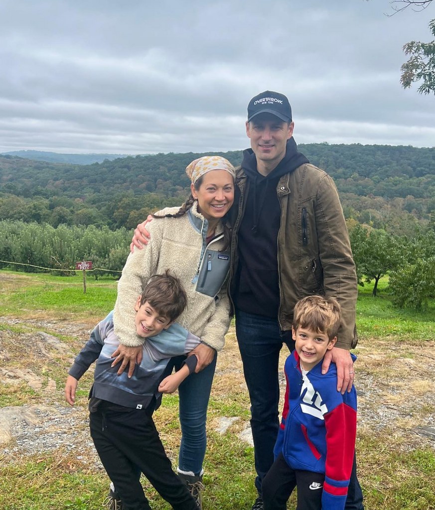 Photo posted by Ginger Zee on Instagram October 1 2023 where she is pictured with her husband Ben Aaron and their sons Adrian and Miles while on a day trip to New York's Harvest Moon Apple Orchard and Farm.