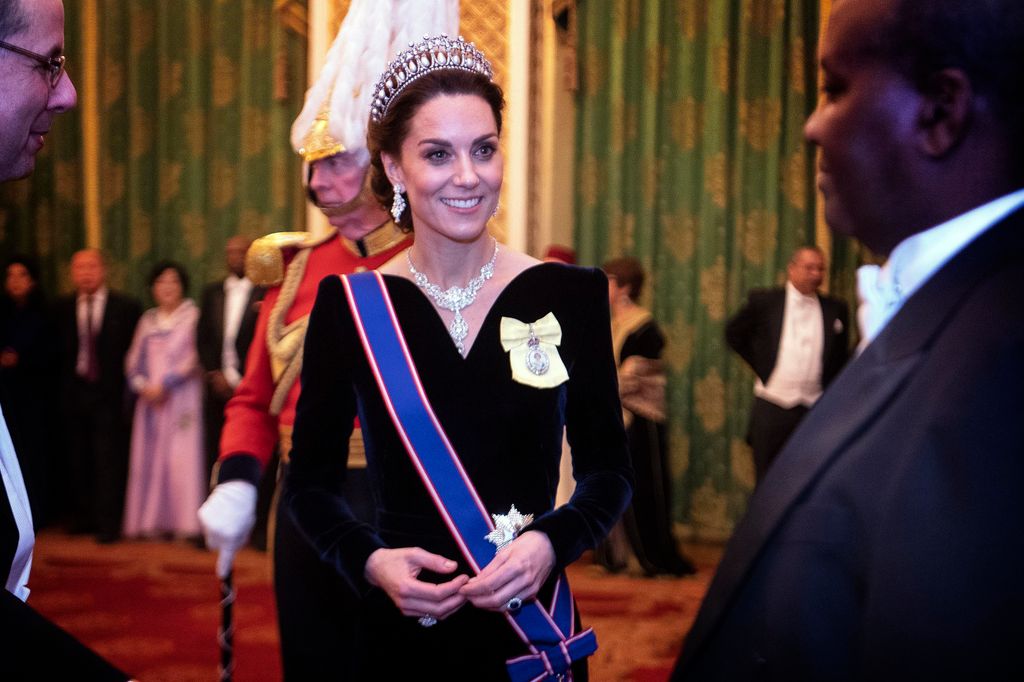 Kate Middleton wears velvet gown with Lover's Knot tiara