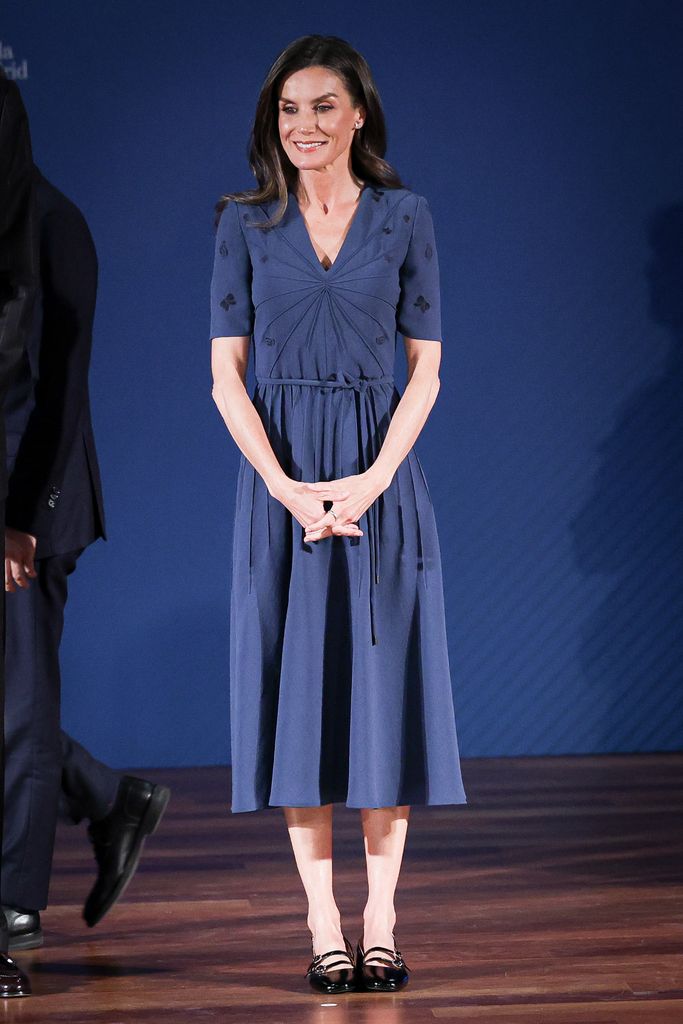 Queen Letizia stood in blue a-line dress