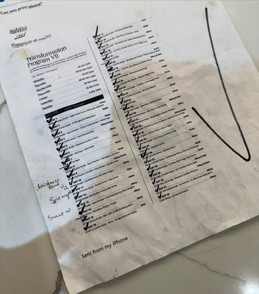 A picture of Dylan's workout she's been doing for the past six weeks 