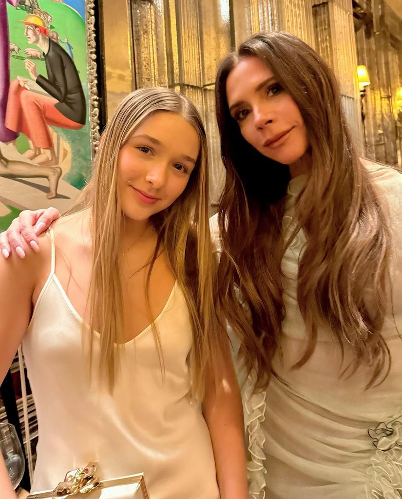Harper Beckham and her mum Victoria Beckham at the former Spice Girl's 50th birthday party 