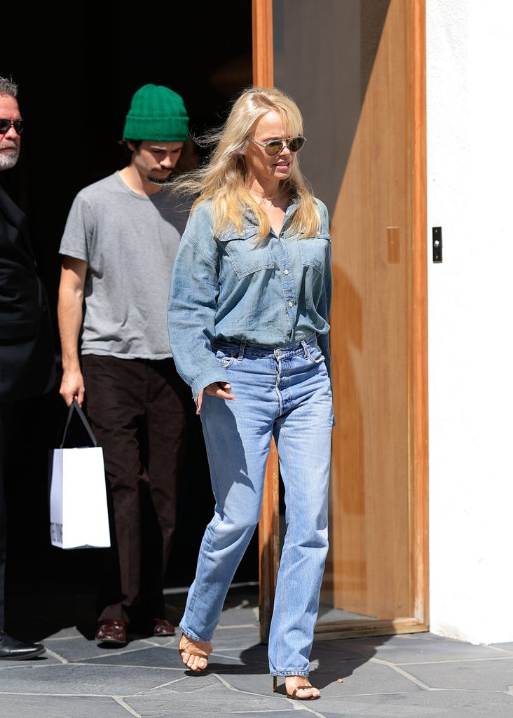 Pamela Anderson is seen at the RE/DONE store to announce her collaboration launch on March 11, 2024 in Los Angeles, California.
