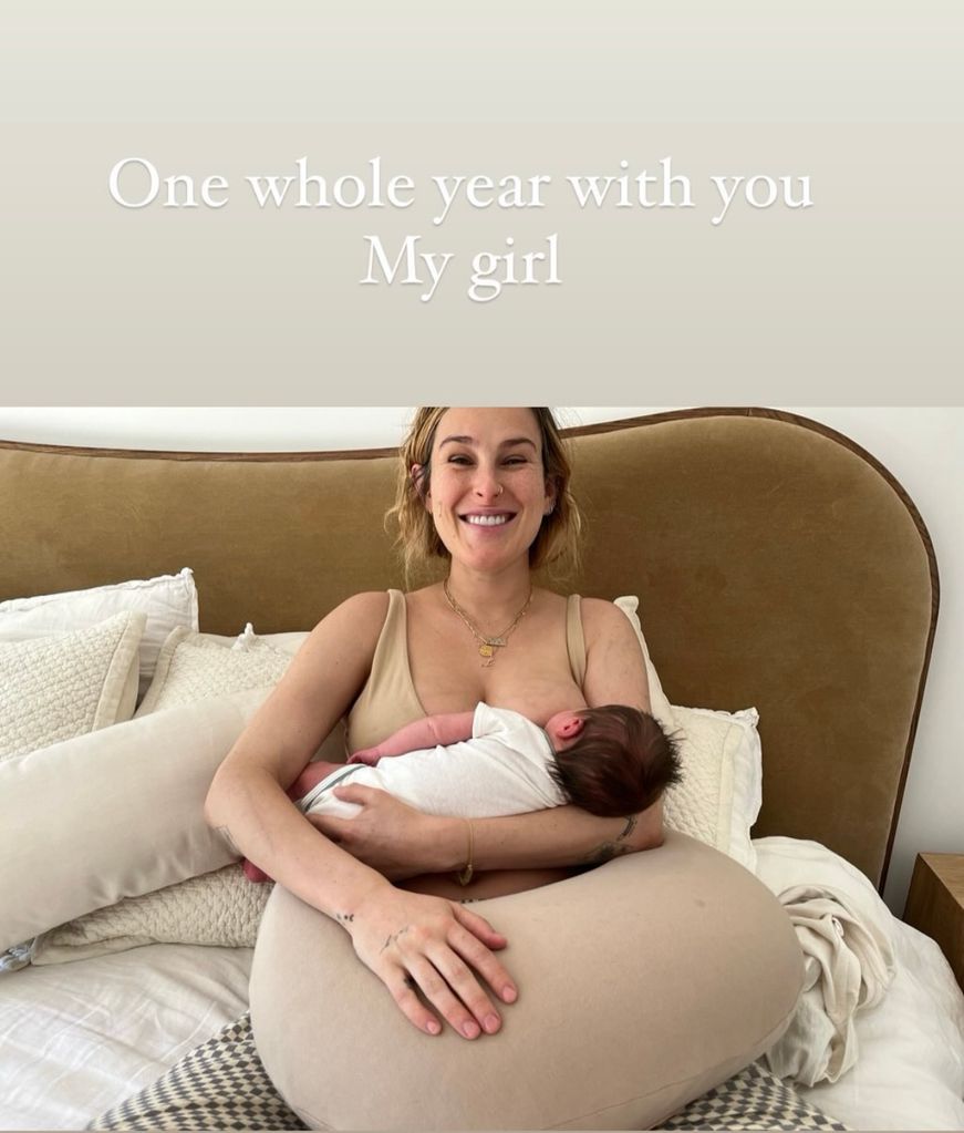 Photo shared by Rumer Willis on Instagram Stories April 18 2024 of her breastfeeding in honor of her daughter Louetta's 1st birthday