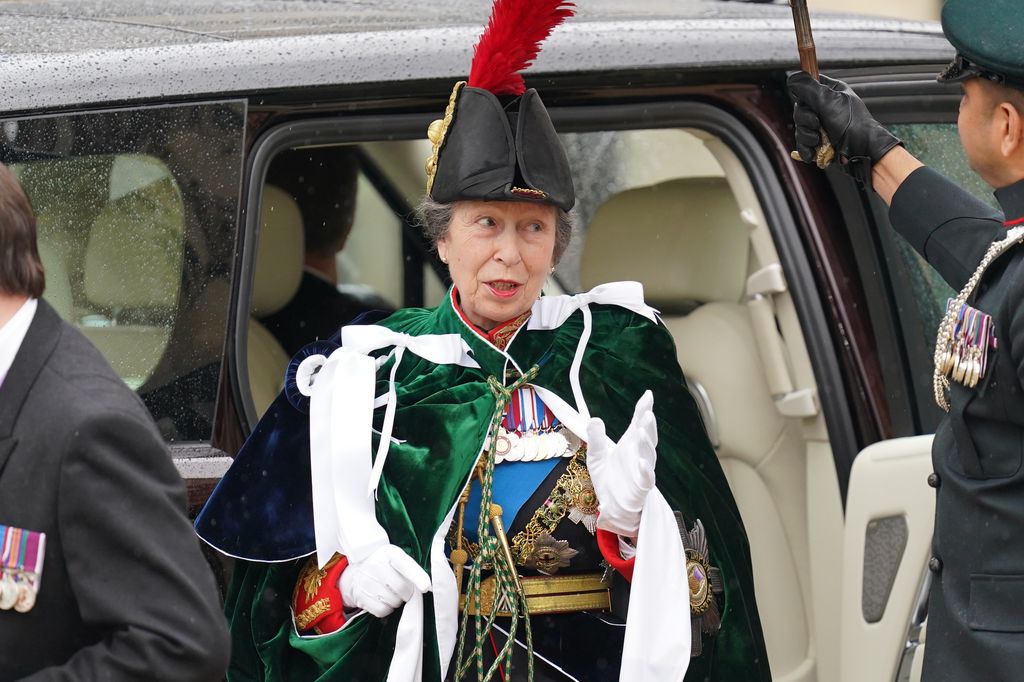 The Princess Royal arrived at the coronation ceremony in a green cape
