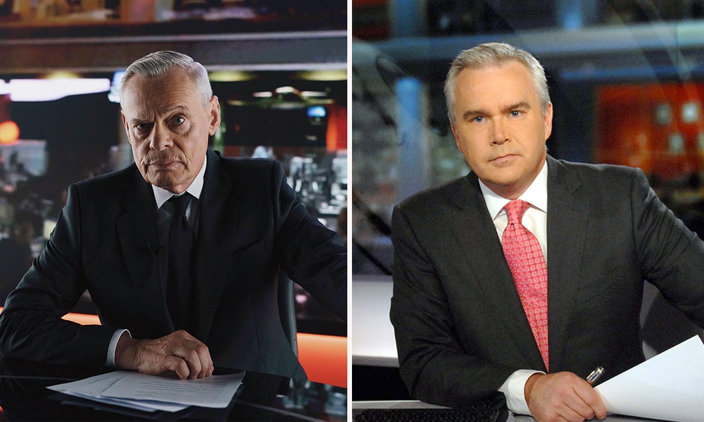 split image Martin Clunes in Power: The Downfall of Huw Edwards, Huw Edwards in N9 news studio for the Ten O clock news