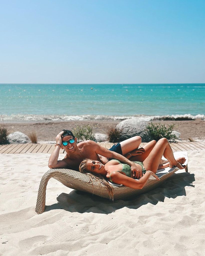 stacey solomon lying on sun lounger in bikini 