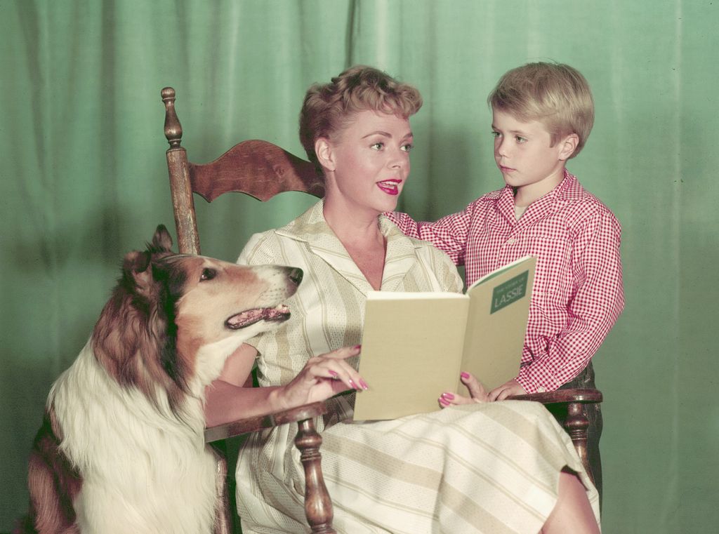 Promotional portrait of American animal actor Baby, as Lassie, actress June Lockhart, as Ruth Martin, and Jon Provost, as Timmy, as they read the book 'Lassie' for the television series of the same name, 1960