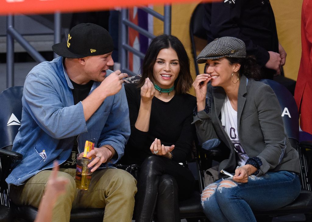 Channing Tatum, Jenna Dewan and Emmanuelle Chriqui attend a basketball game between the Oklahoma City Thunder and the Los Angeles Lakers at Staples Center on December 23, 2015