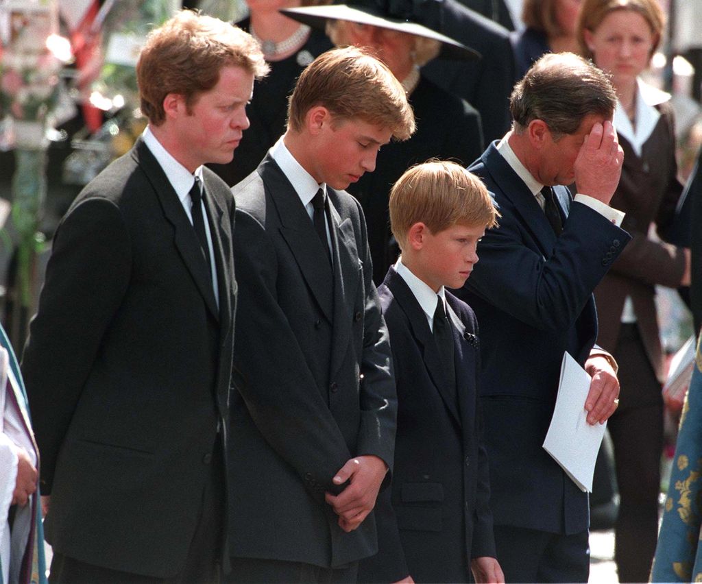 Prince William, Prince Harry, and then Prince Charles at Princess Diana's funeral service on 6 September 1997  