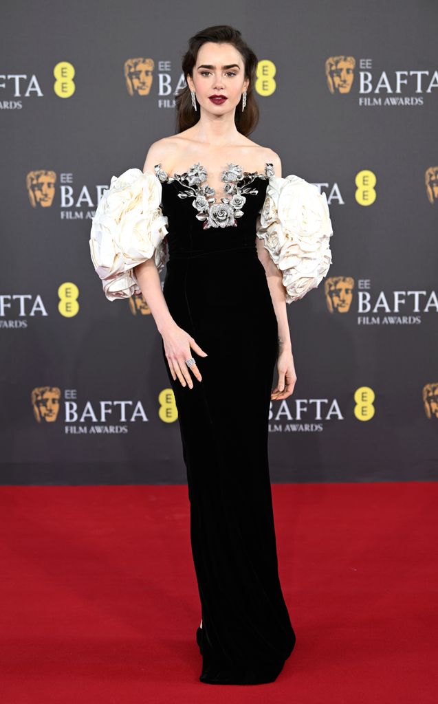 LONDON, ENGLAND - FEBRUARY 18:  Lily Collins attends the EE BAFTA Film Awards 2024 at The Royal Festival Hall on February 18, 2024 in London, England. (Photo by Joe Maher/BAFTA/Getty Images for BAFTA)