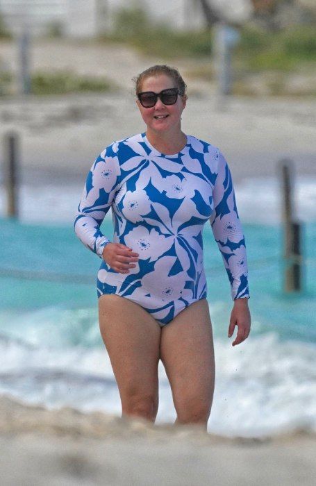amy schumer posing in the sea in a swimsuit 