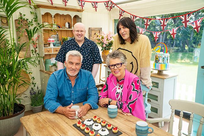 Bake Off judges and presenters in tent