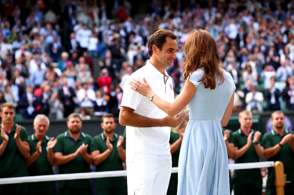 Princess of Wales presents runners-up trophy to Roger Federer at Wimbledon, 2019