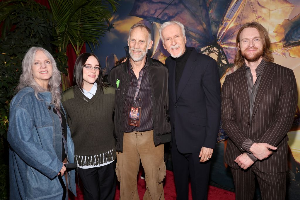 (L-R) Maggie Baird, Billie Eilish, Patrick O'Connell, James Cameron and Finneas O'Connell attend the world premiere of 20th Century Studios' "Avatar: Fire and Ash" 