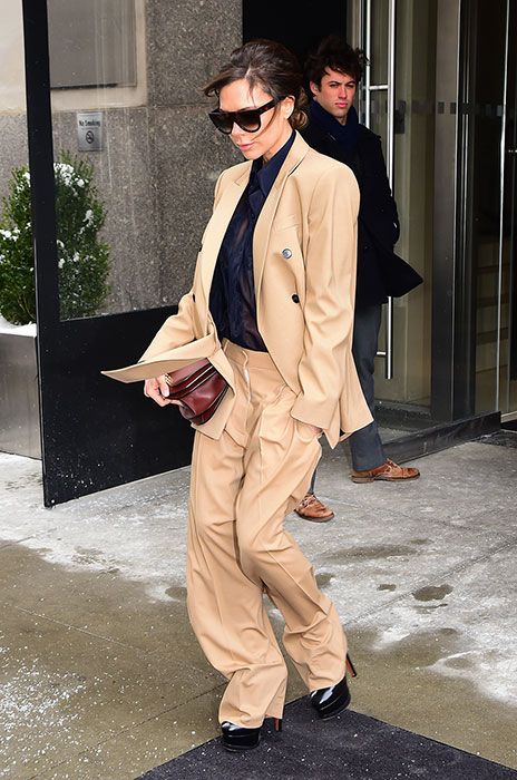 Victoria Beckham steps out in a nude hued suit