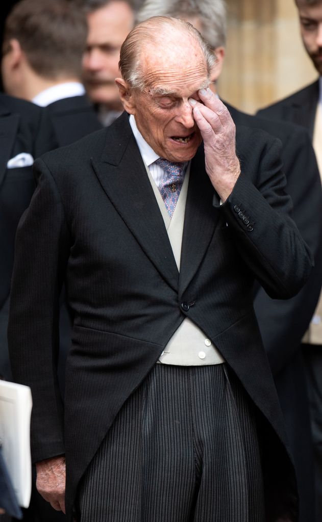 Prince Philip wiping away laughter tears at Lady Gabriella Windsor's wedding