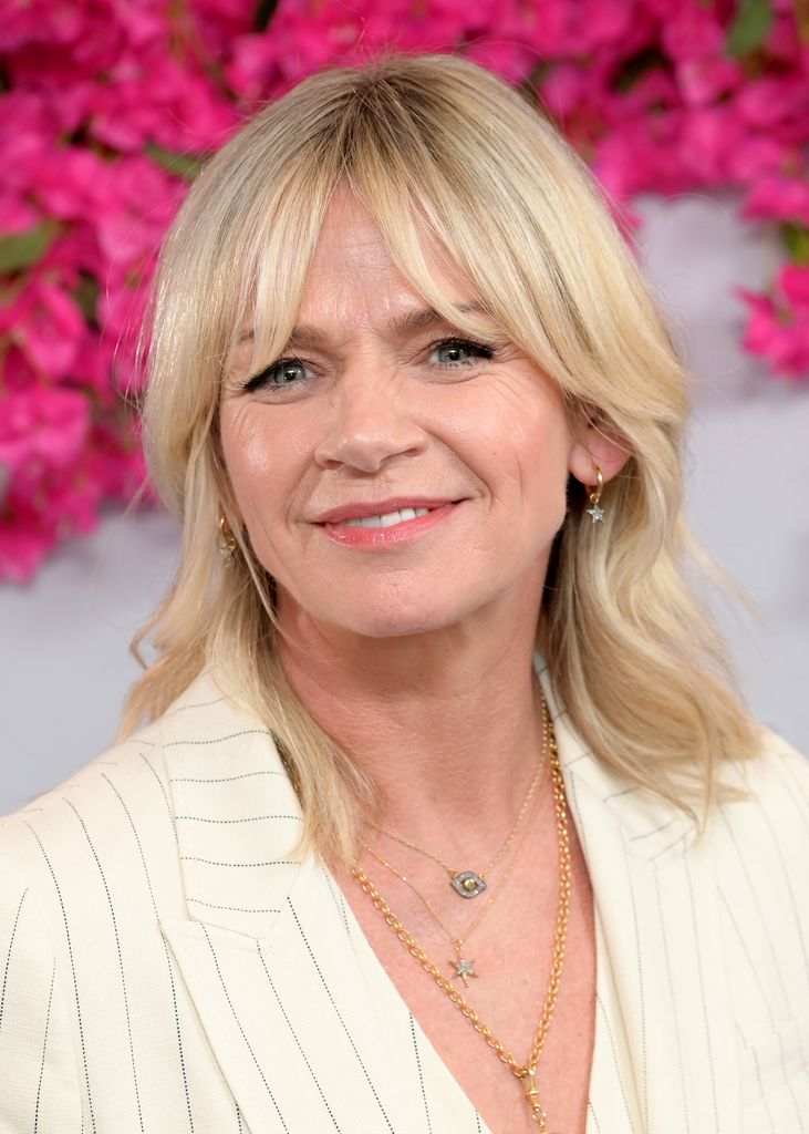 Zoe Ball close up in cream striped blazer