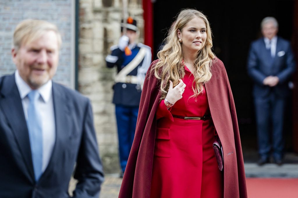 King Willem-Alexander of the Netherlands (L) and Princess Amalia of the Netherlands leave the Grote Kerk (Great Church), in The Hague, on November 20, 2025, after the Special Joint Session of the Senate and House of Representatives, marking the 80th anniversary of the first joint parliamentary session since the Second World War. (Photo by Jeroen JUMELET / ANP / AFP) / Netherlands OUT (Photo by JEROEN JUMELET/ANP/AFP via Getty Images)          