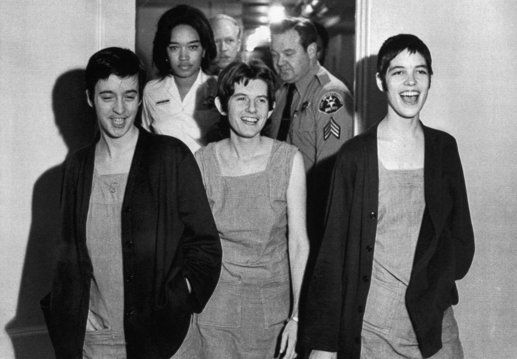 Susan Atkins, Patricia Krenwinkel and Leslie Van Houten laugh after receiving death sentences for their roles in the murder of Tate-LaBianco on the orders of Charles Manson.