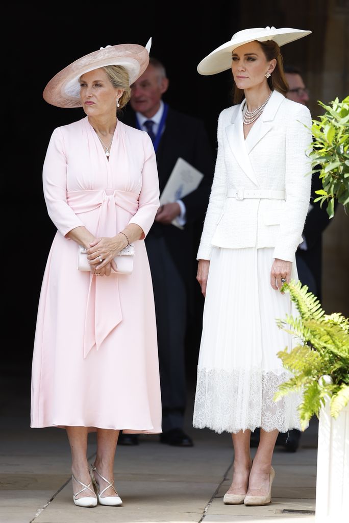 Duchess Sophie in pale pink dress and Kate in white peplum dress