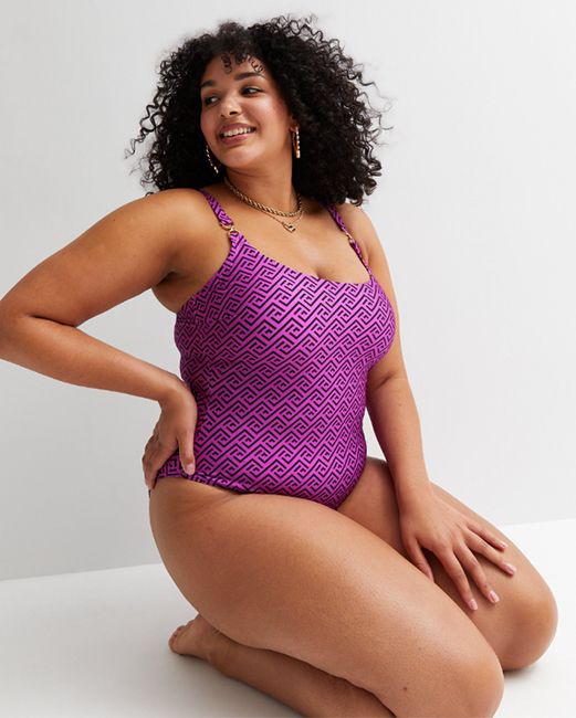 purple plus size monochrome print swimsuit 