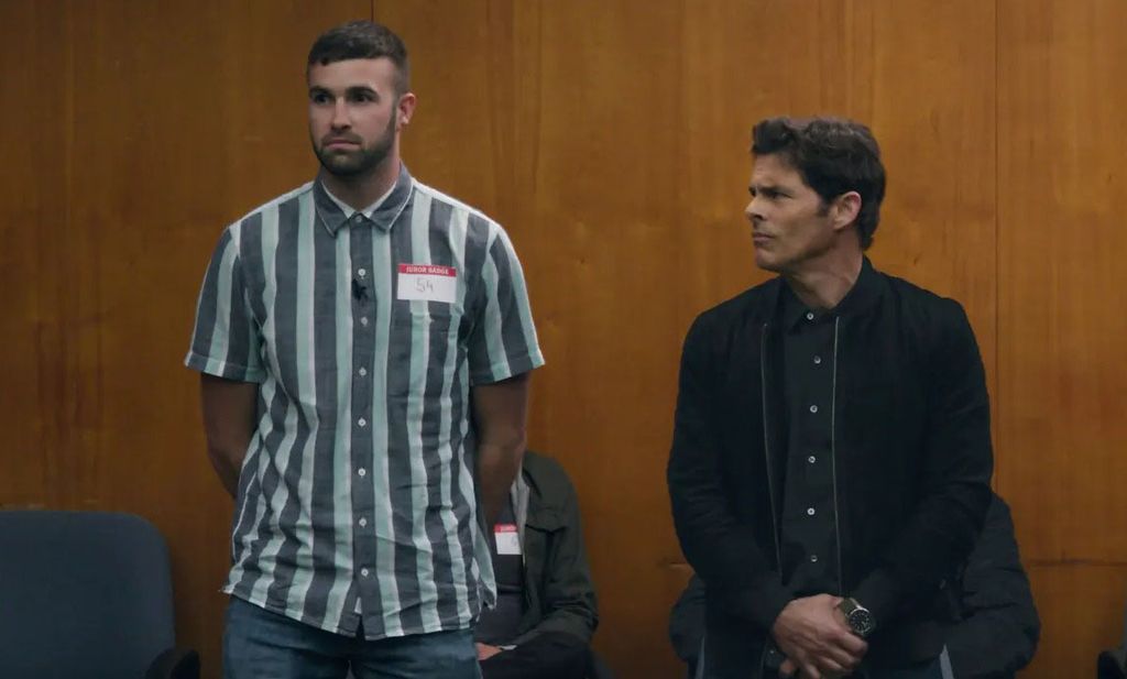 Ronald and James Marsden stand in Jury Duty