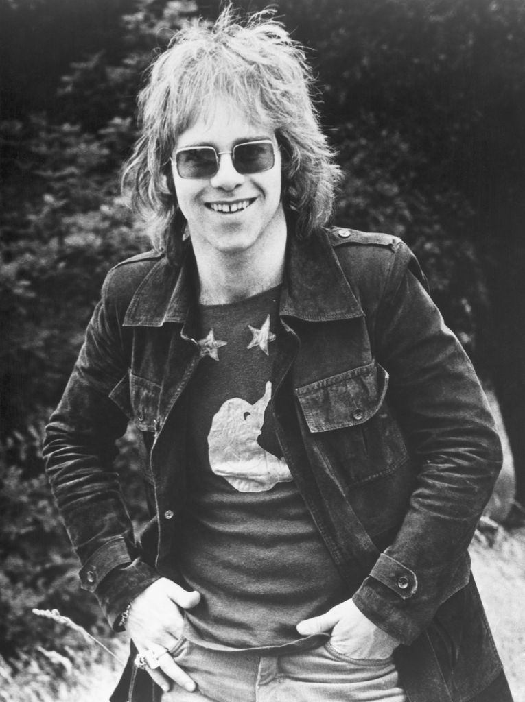 Black-and-white photograph of Elton John