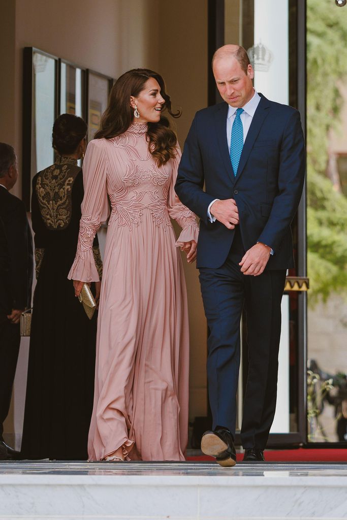 Prince William in suit and Catherine Princess of Wales in blush pink gown