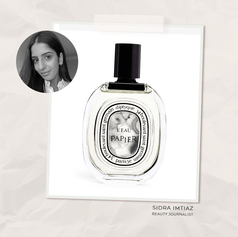 collage of Sidra Imtiaz and a bottle of perfume 