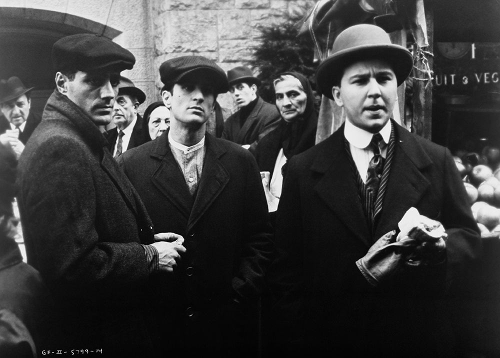 John Aprea, Robert De Niro and Bruno Kirby on the set of The Godfather Part II