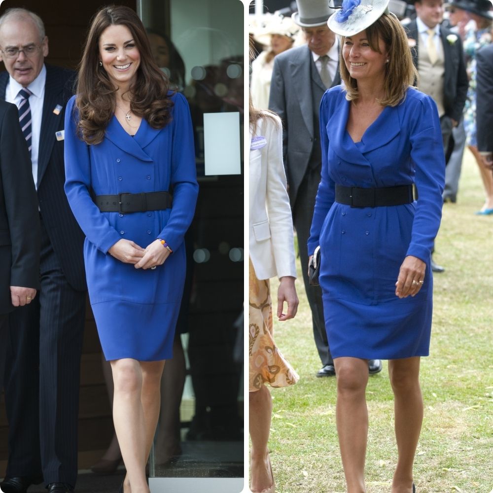 A princesa Kate está usando um vestido azul, assim como sua mãe Carole Middleton