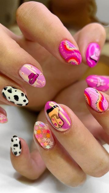 fun pink muliticolored western nails