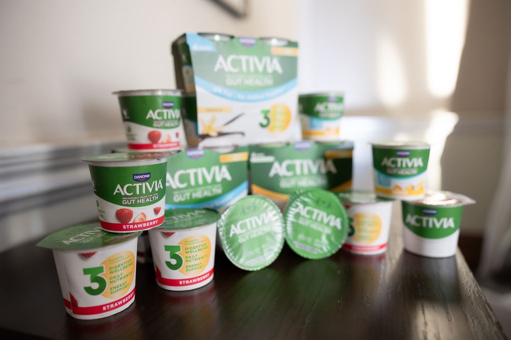 Activia yogurts piled high