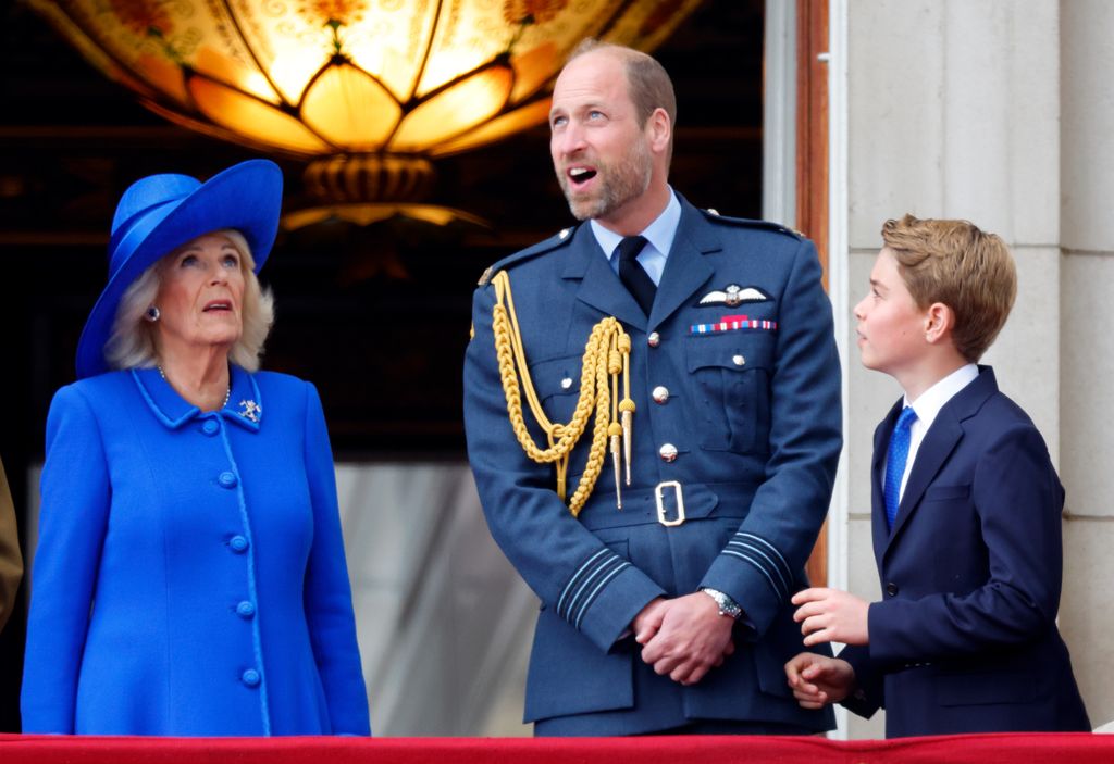 William, George and Camilla talking on VE Day
