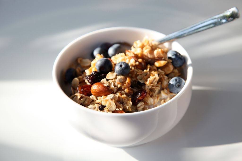 homemade granola with almonds and blueberries in a white bowl