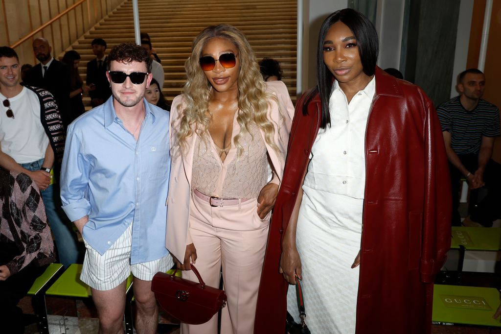 Paul Mescal, Serena Williams and Venus Williams at the Gucci fashion show during Milan Fashion Week Menswear Spring/Summer 2025 held at Triennale di Milano on June 17, 2024 in Milan, Italy.