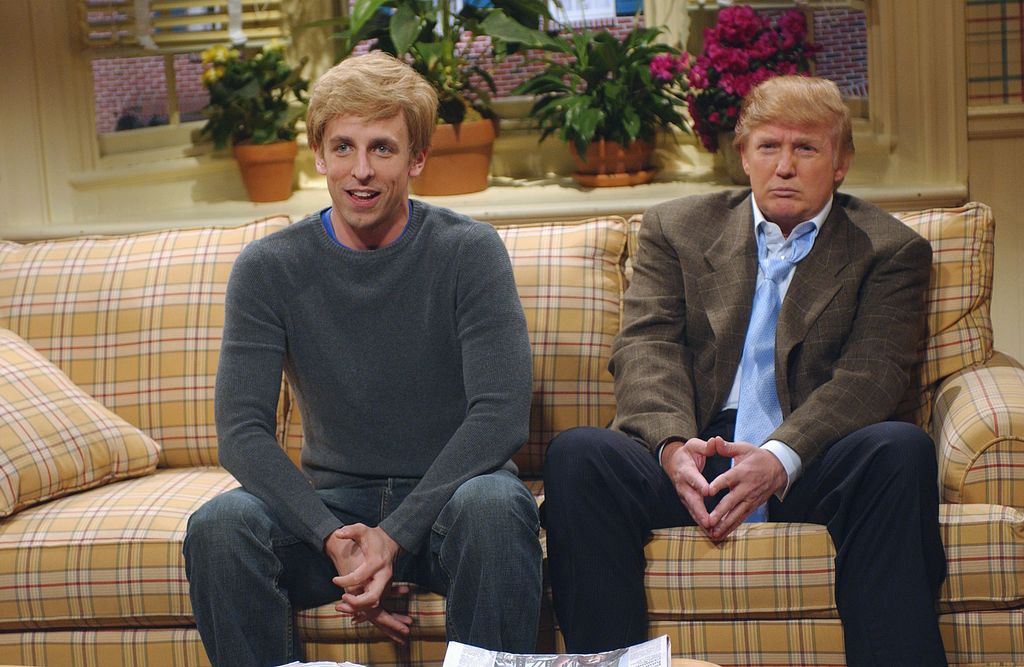 Seth Meyers as Peter Fleck, Donald Trump as Gary Fleck during the Saturday Night Live "Father and Sons" skit on April 3, 2004