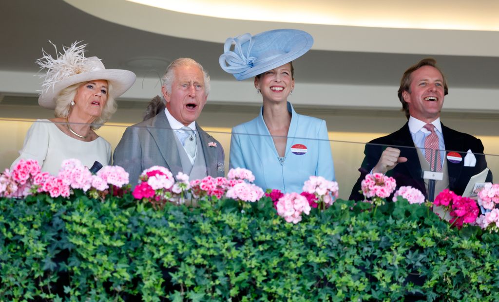 Queen Camilla, King Charles III, Lady Gabriella Windsor and Thomas Kingston watch, from the Royal Box, The King and Queen's horse 'King's Lynn' run in 'The Wokingham Stakes' as they attend day 5 of Royal Ascot 2023 
