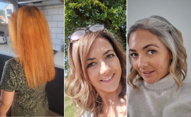 woman with different coloured hair, gradually going grey