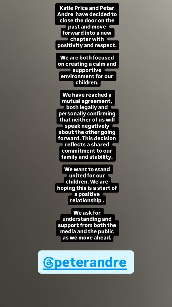 Peter Andre et Katie Price publient une déclaration choquante alors qu'ils parviennent à un « accord mutuel » 17 ans après leur divorce 1 Une capture d'écran d'un long message sur Instagram