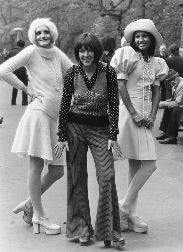 2nd May 1972:  English fashion designer Mary Quant (centre) at the launch of her Ginger Group and knitwear collections for the autumn at the Savoy Hotel, London.  Model Lorain (left) wears a knitted sweater and skirt in pink mohair called Sugarplum, and F