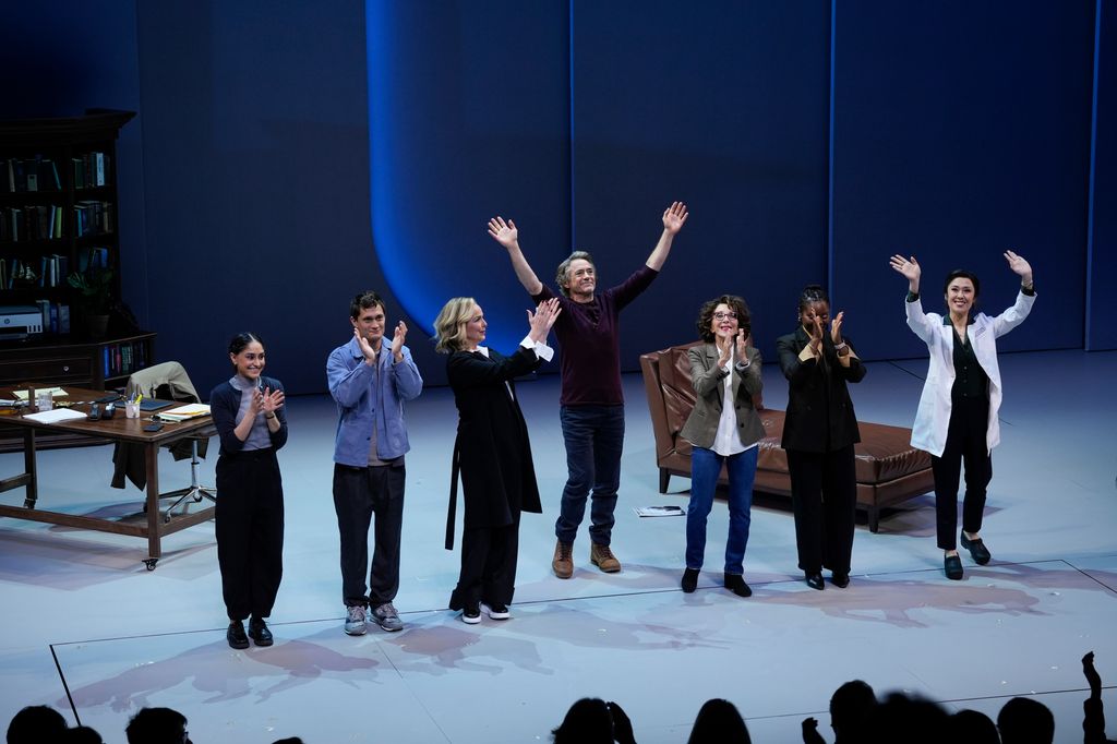 Saisha Talwar, Rafi Gavron, Melora Hardin, Robert Downey Jr., Andrea Martin, Brittany Bellizeare, and Ruthie Ann Miles pose onstage at "McNeal" opening night at Lincoln Center Theater starring Robert Downey Jr. on September 30, 2024 in New York City