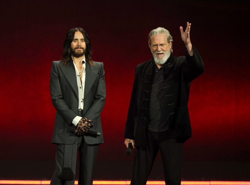 Jared Leto (L) and Jeff Bridges promote the upcoming film "Tron: Ares" at The Walt Disney Studios presentation during CinemaCon