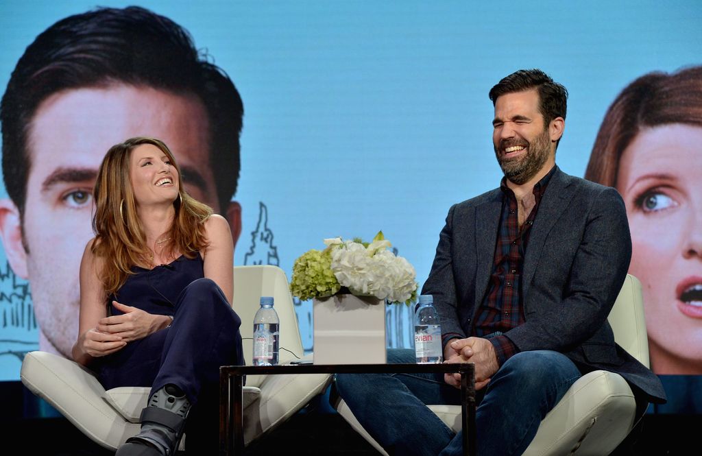PASADENA, CA - JANUARY 11:  Actors Sharon Horgan (L) and Rob Delaney (R) speak onstage during the Catastrophe panel at the Amazon Winter 2016 Television Critics Association Session at Langham Hotel on January 11, 2016 in Pasadena, California.  (Photo by Charley Gallay/Getty Images for Amazon Studios)