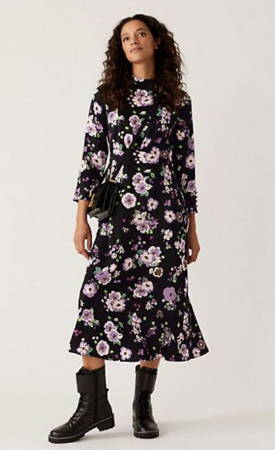m and s floral satin midi dress in purple