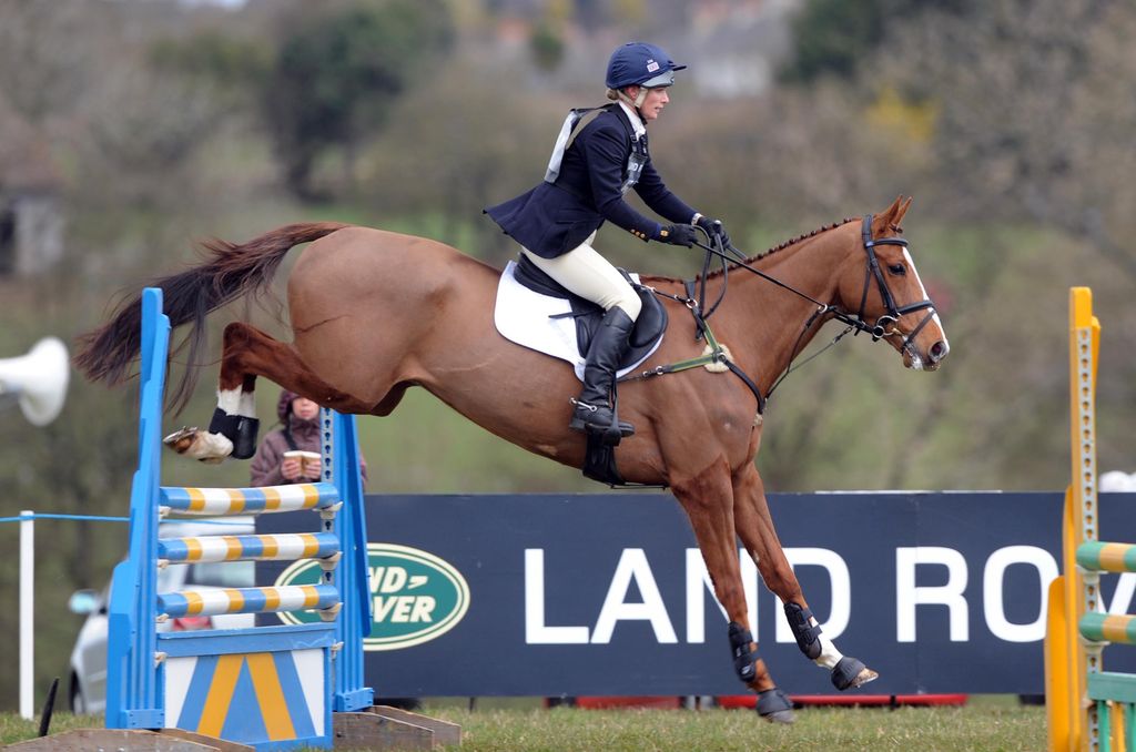 Zara Tindall showjumping in the Spring Land Rover Novice and Intermediate Event at Gatcombe Park. 