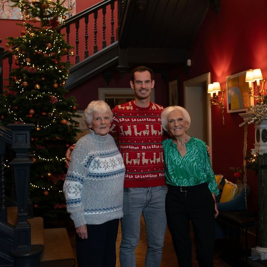 Andy Murray in front of a Christmas tree with his grandmother and Mary Berry