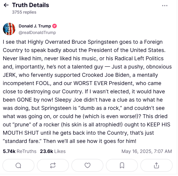 Screengrab by Donald Trump's post about Bruce Springsteen